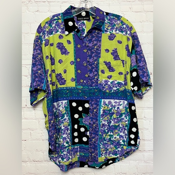 Vintage Take Away Printed Short Sleeve Button Down Blouse - Picture 1 of 10